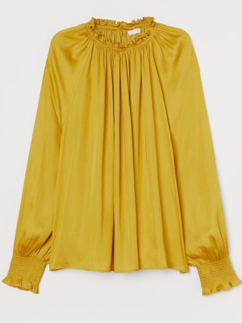 H&M| Mustard Yellow Ruffled Satin Smocked Neck Long Sleeve Blouse Sz 4